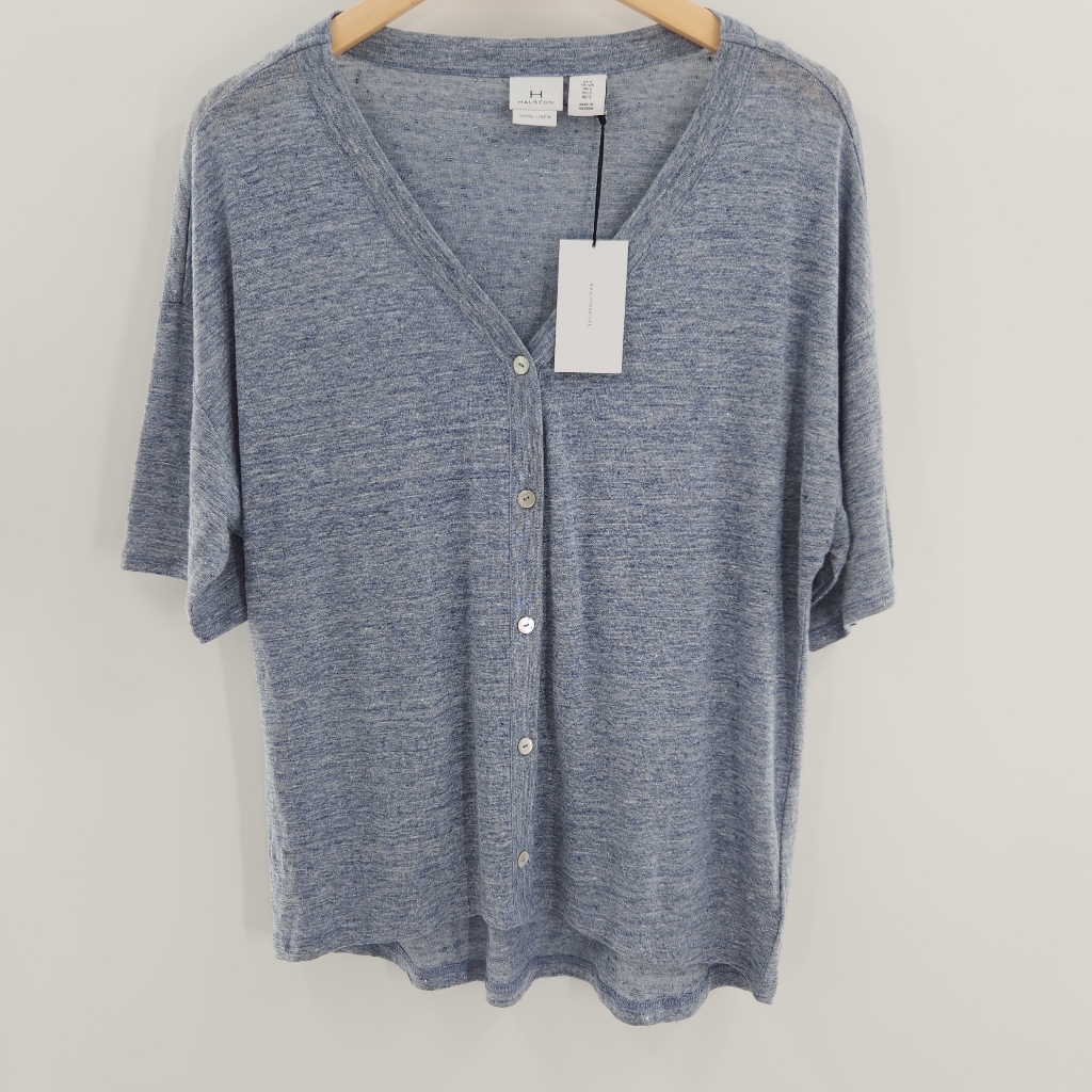H Halston 100% Linen Short Sleeve Button Down Womens Size Small